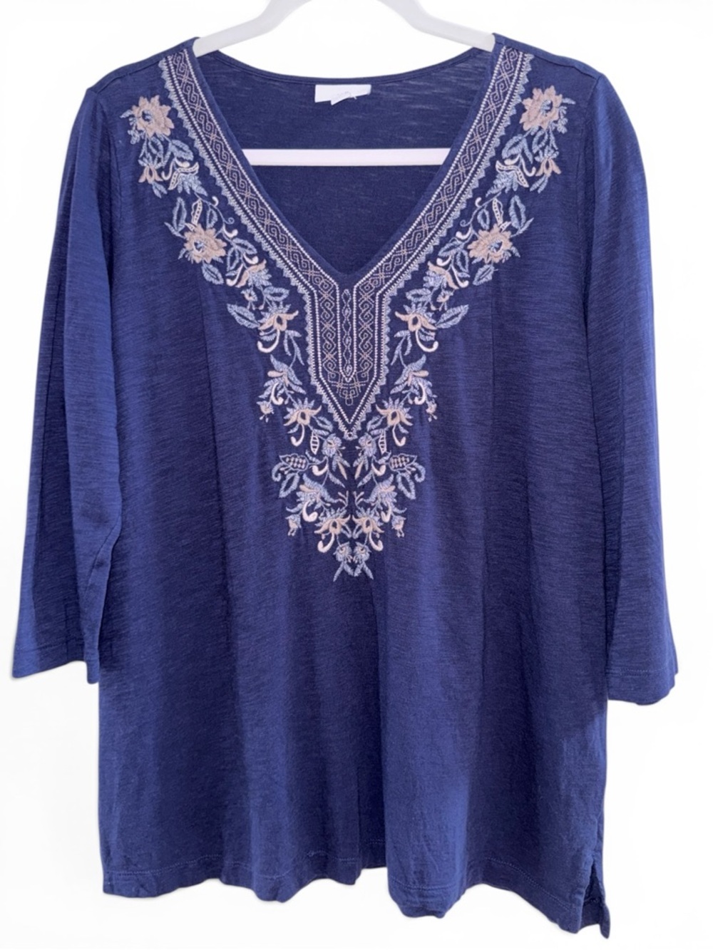 J. Jill Navy V-Neck 3/4 Sleeve Top with Floral Embroidery